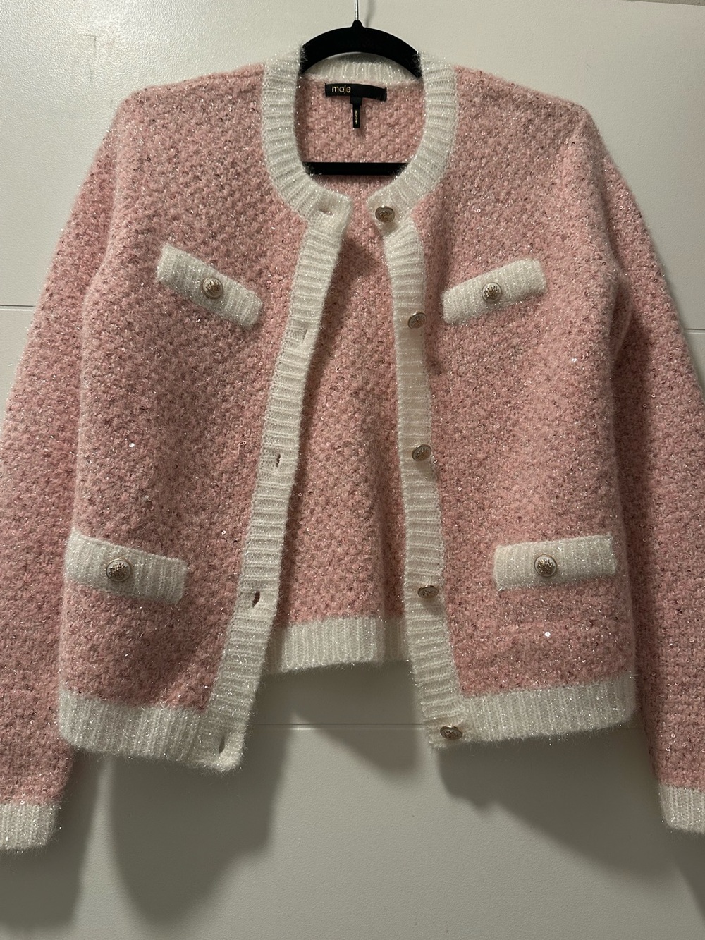 Maje morning lurex Pink and White Bouclé Knit Cardigan - Picture 2 of 6